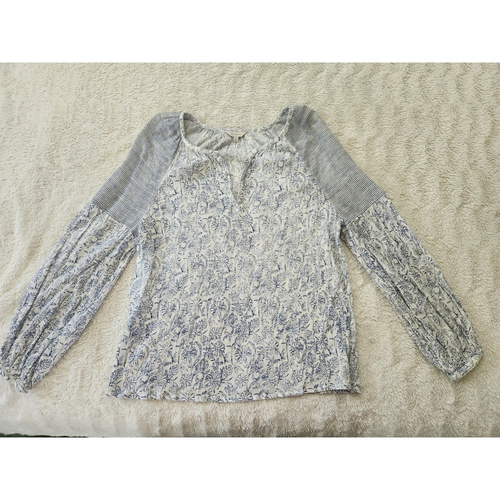 Lucky Brand Boho Floral Stripe Mixed Media Blouse Large Blue White Gauze Peasant